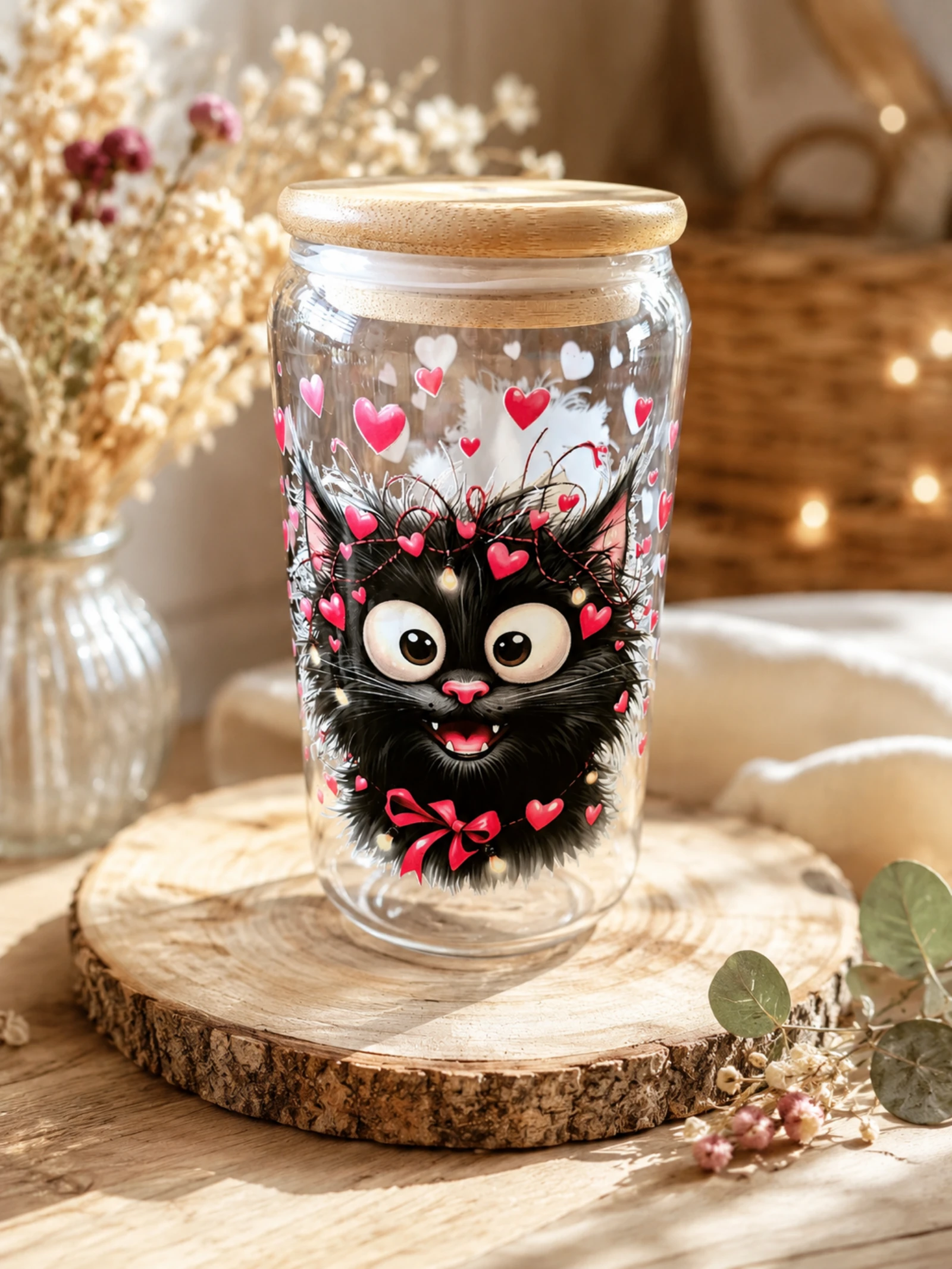 Verre canette avec paille en verre, couvercle en bambou et goupillon